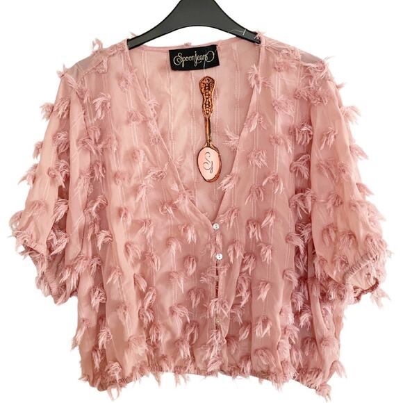 Spoon Jeans Dusty Pink Fringe Embellished Chiffon V Neck Blouse 2X NWT - Picture 2 of 9